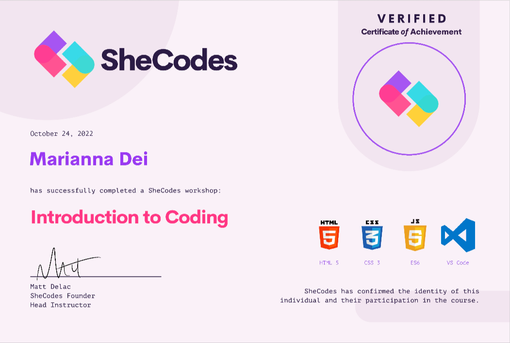 SheCodes Basics certificate preview